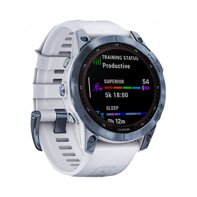 Часы Garmin Fenix 7 Sapphire Solar титановый синий минерал DLC с белым ремешком